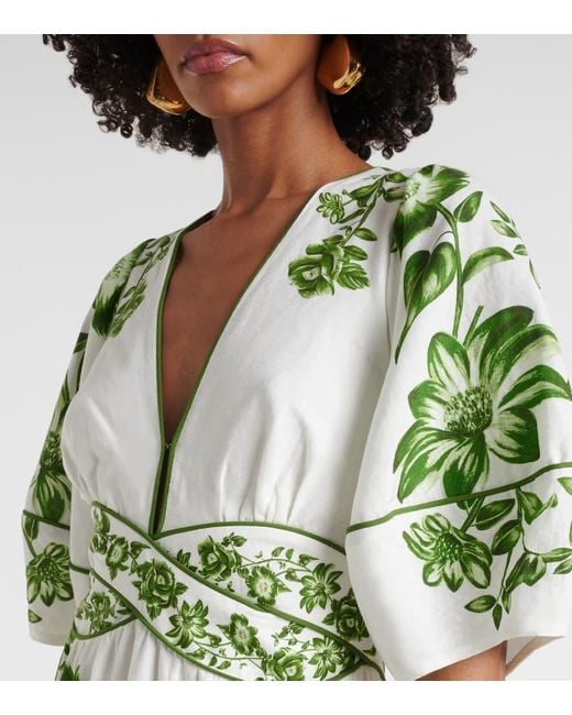 Farm Rio Green Yard Linen-Blend Midi Dress