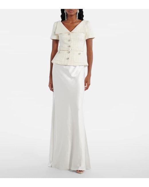 Self-Portrait White Bridal Peplum Satin And Boucle Maxi Dress