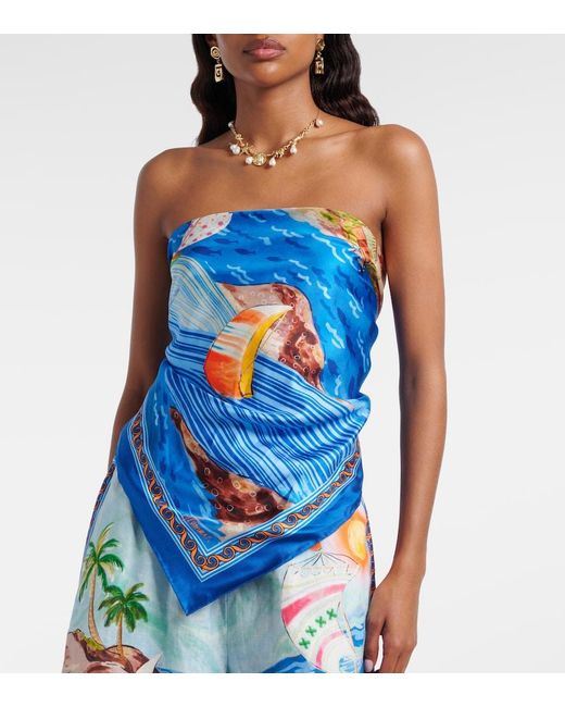 ALÉMAIS Blue Printed Silk Twill Scarf