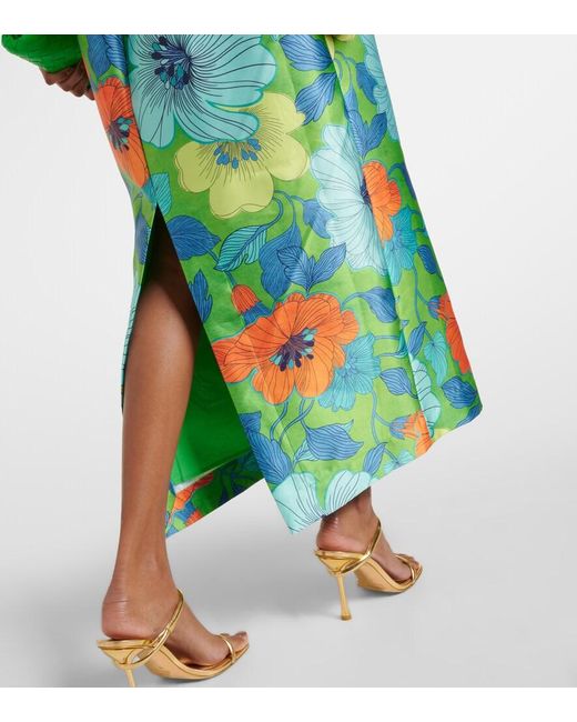 ALÉMAIS Green Floral Ruffled Satin Midi Dress
