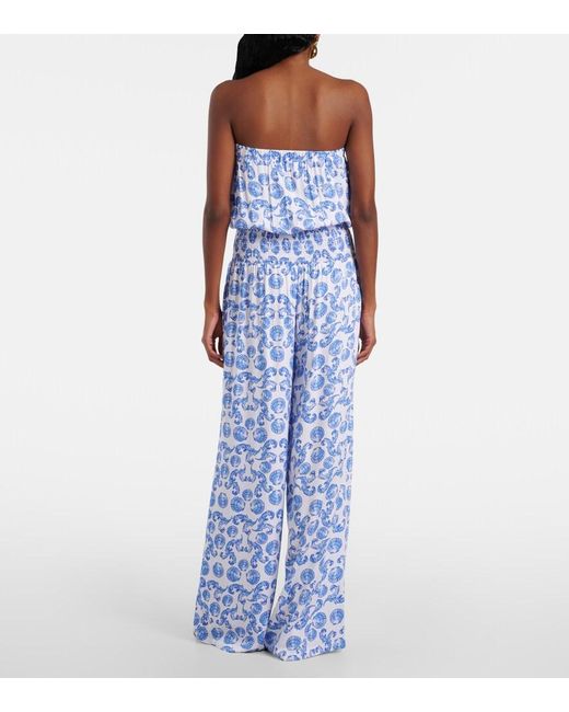 Melissa Odabash Blue Naomi Shirred Cotton Bandeau Jumpsuit