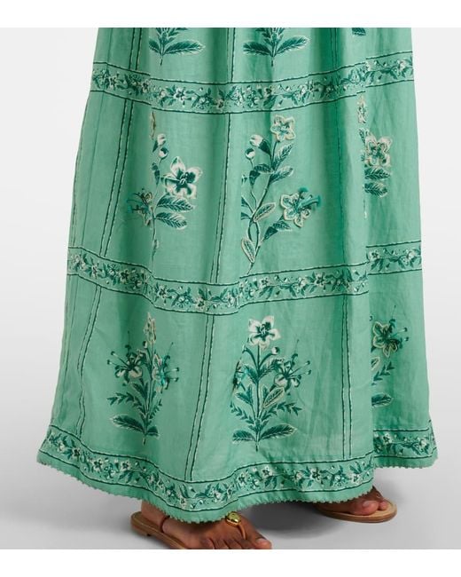 Agua Bendita Green Barbara Embroidered Linen Maxi Dress