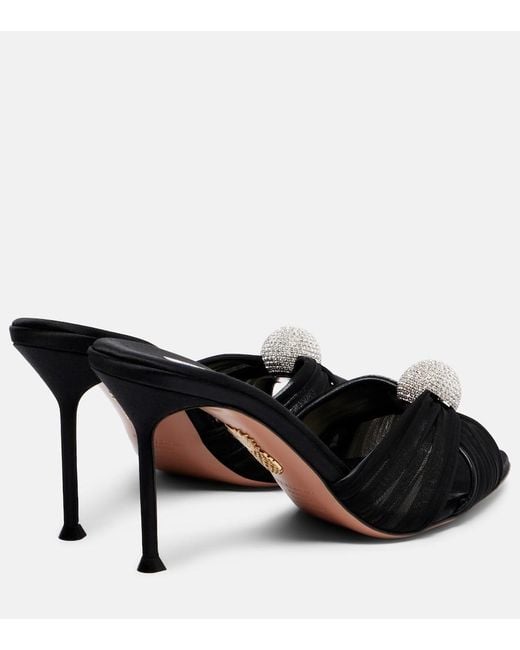 Aquazzura Black Mystery 85 Embellished Leather-Trimmed Satin Mules
