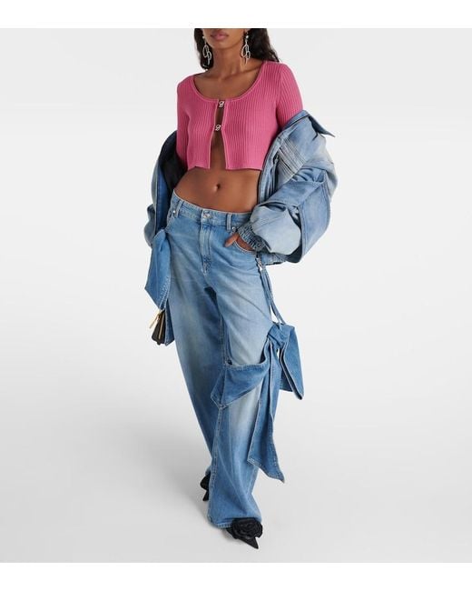 Blumarine Pink Logo Ribbed-Knit Cropped Cardigan