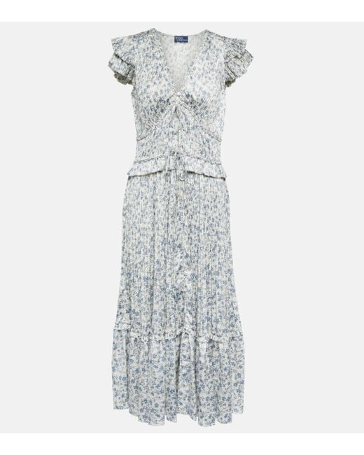 Polo Ralph Lauren White Floral-print Plissé Dress