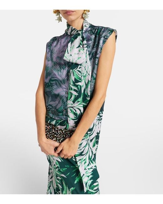 Dries Van Noten Green Printed Tie-Neck Midi Dress