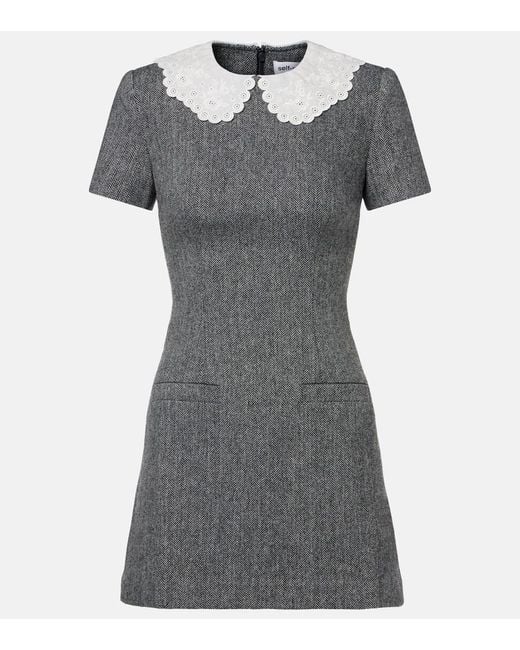Self-Portrait Gray Herringbone Wool-Blend Minidress