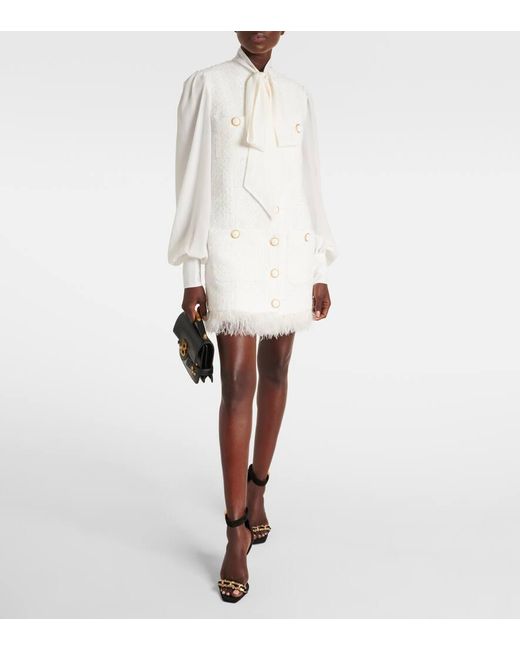 Balmain White Bow-Detail Cotton-Blend Tweed Minidress