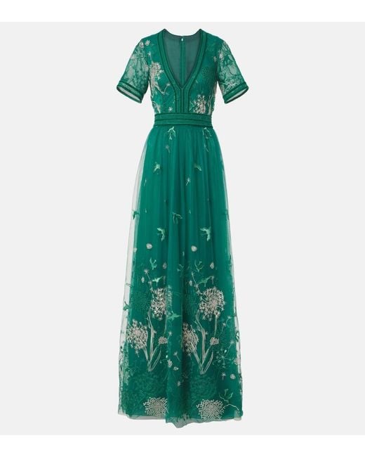 Costarellos Green Floral Embroidered Gown