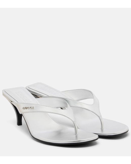 Gucci White Vittoria Metallic Leather Thong Sandals