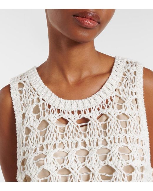 Brunello Cucinelli White Open-Knit Jute And Cotton-Blend Top