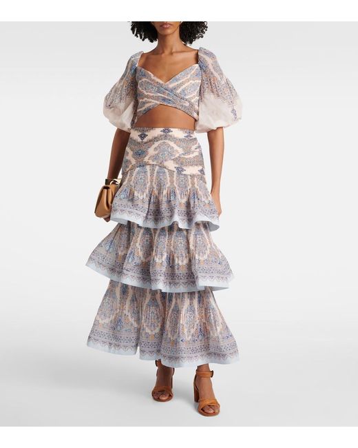 Zimmermann White Paisley Puff-Sleeve Crop Top