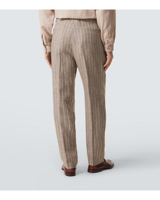 Brunello Cucinelli Natural Chalk Stripe Linen Twill Tapered Pants for men
