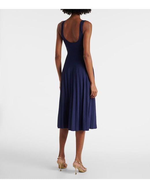 Staud Blue Ellison Pleated Compact-Knit Midi Dress