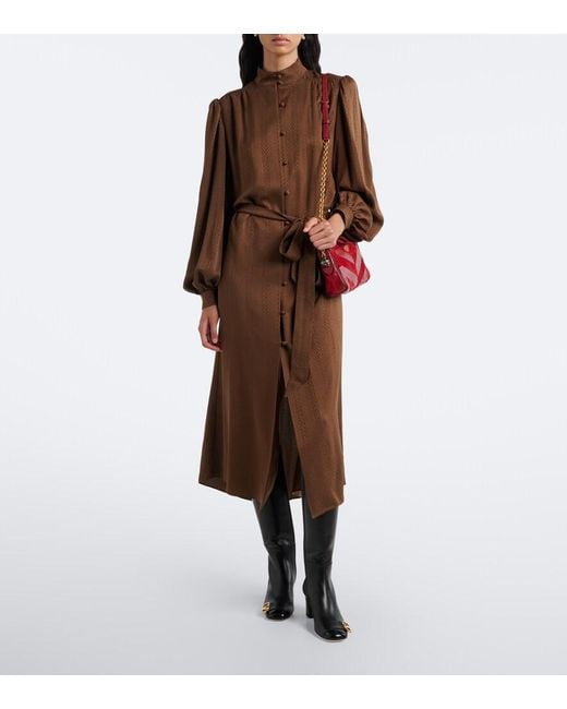 Valentino Brown Belted Chevron Jacquard Silk Midi Dress