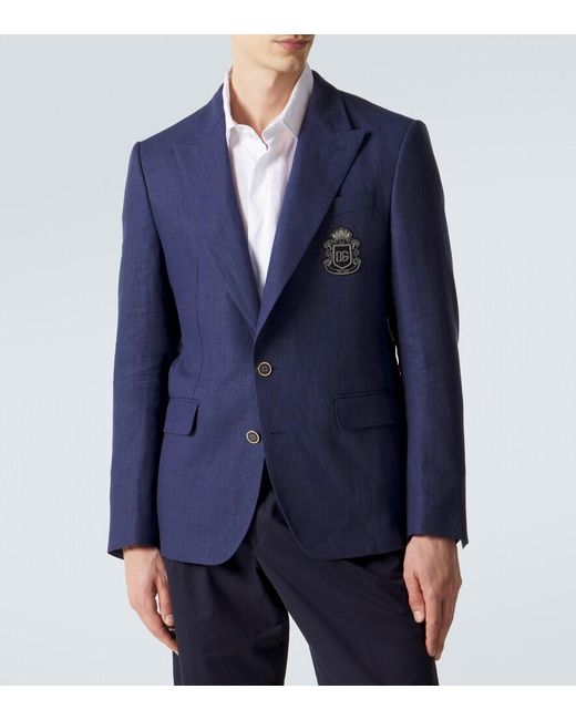 Dolce & Gabbana Blue Logo Single-Breasted Linen Blazer for men