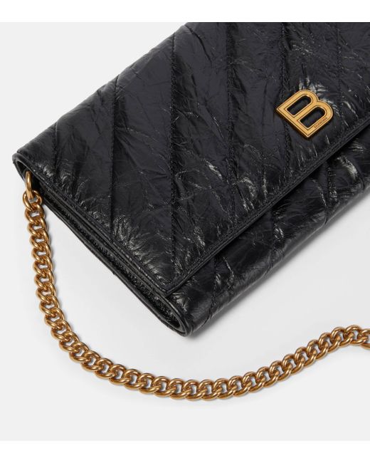 Balenciaga Black Crush Quilted Leather Wallet On Chain