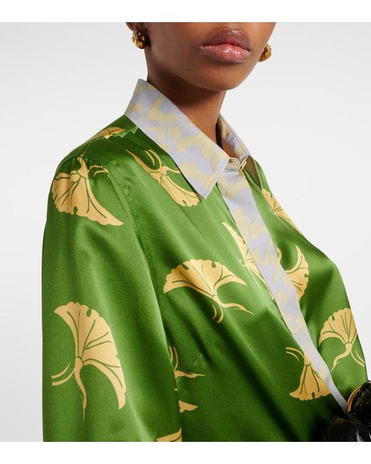 Dries Van Noten Green Printed Silk-Blend Satin Shirt