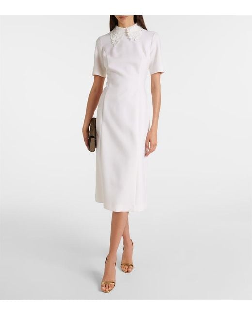 Oscar de la Renta White Lace-Trimmed Wool-Blend Midi Dress