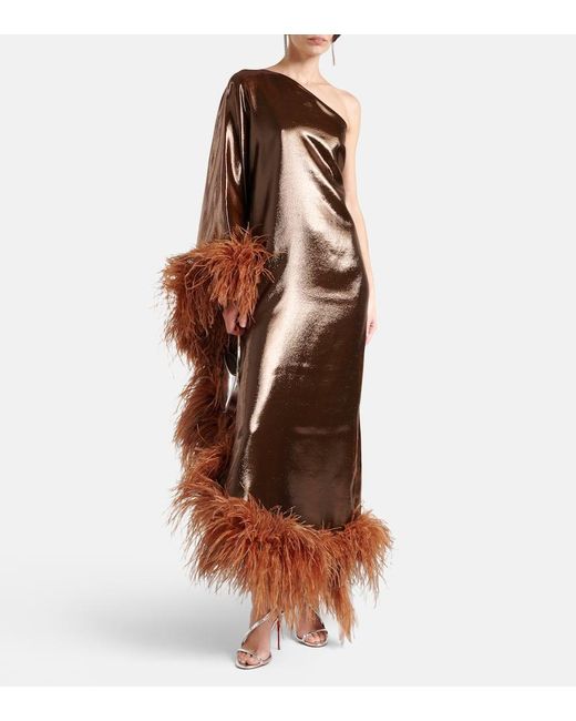 ‎Taller Marmo Brown Feather-trim Ubud Fantasma Maxi Dress