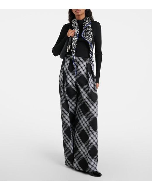 Burberry Gray Checked Wool Wide-Leg Pants