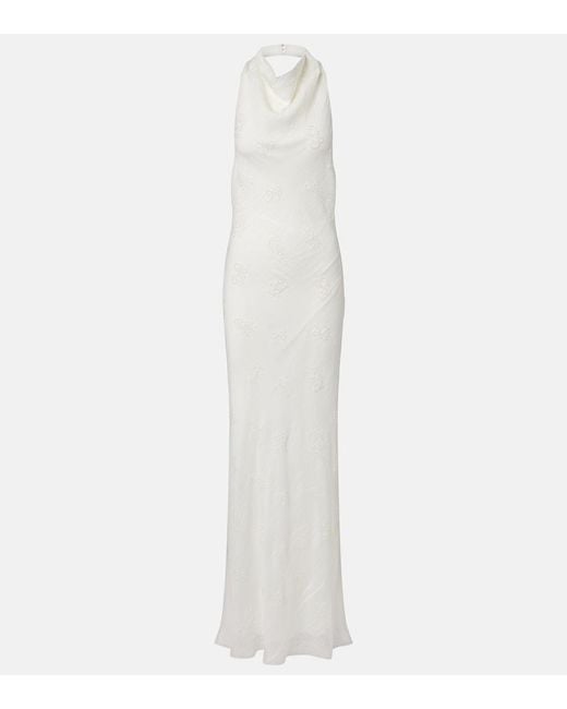 Staud White Roselle Beaded Halterneck Organza Maxi Dress
