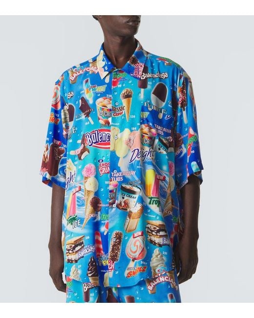 Balenciaga Blue Printed Satin Shirt for men