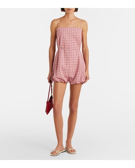 Faithfull The Brand Pink Riatto Checked Cotton Romper