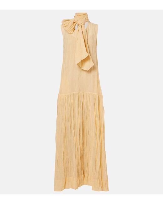 Plan C Metallic Scarf-Detail Cotton-Blend Maxi Dress