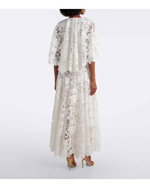 Oscar de la Renta White Caped Floral Guipure Lace Gown