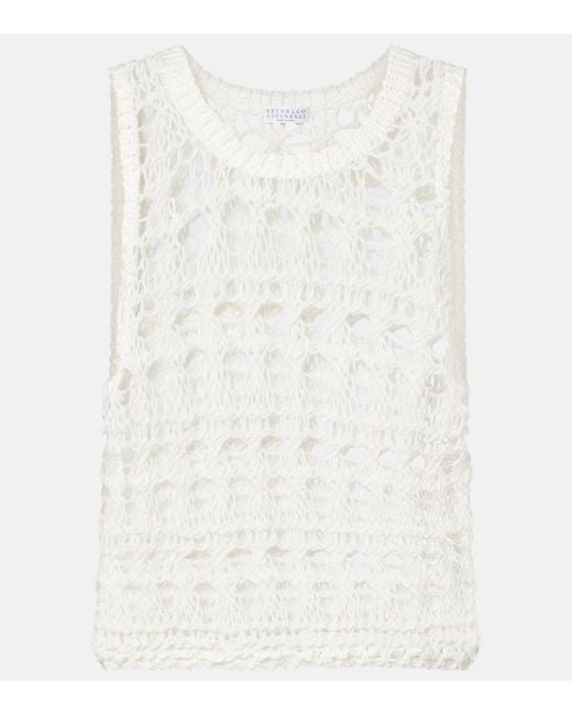 Brunello Cucinelli White Open-Knit Jute And Cotton-Blend Top