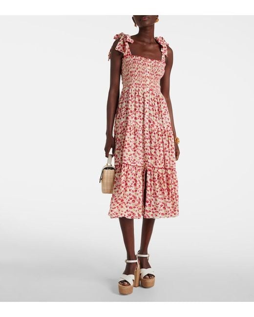 Poupette Triny Polka-Dot Shirred Midi Dress
