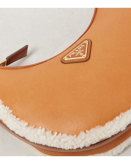 Prada Brown Arque Small Shearling-Trimmed Leather Shoulder Bag