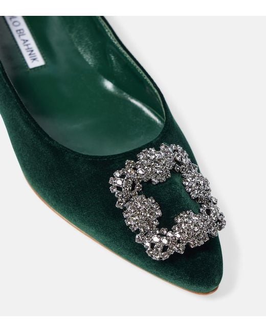 Manolo Blahnik Green Hangisi Embellished Velvet Ballet Flats