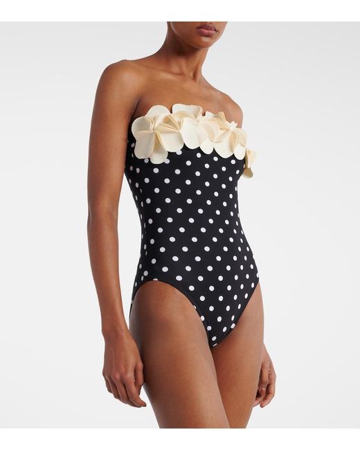 Karla Colletto Black Floral-Applique Polka-Dot Swimsuit