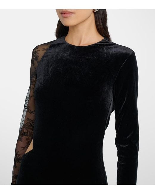 Robe Longue En Velours À Finitions En Dentelle Self-Portrait en coloris Black