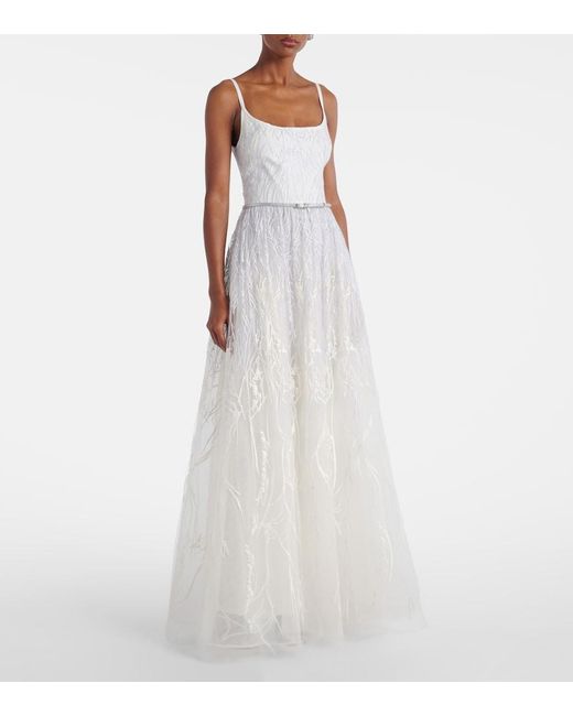 Elie Saab White Embroidered Tulle Gown