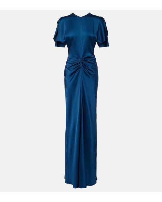 Victoria Beckham Blue Isabella Gathered Satin Gown