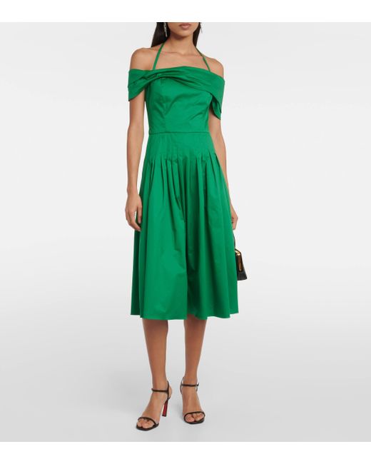 Oscar de la Renta Green Off-shoulder Silk Midi Dress