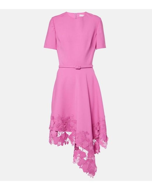 Oscar de la Renta Pink Floral Lace-Trimmed Midi Dress