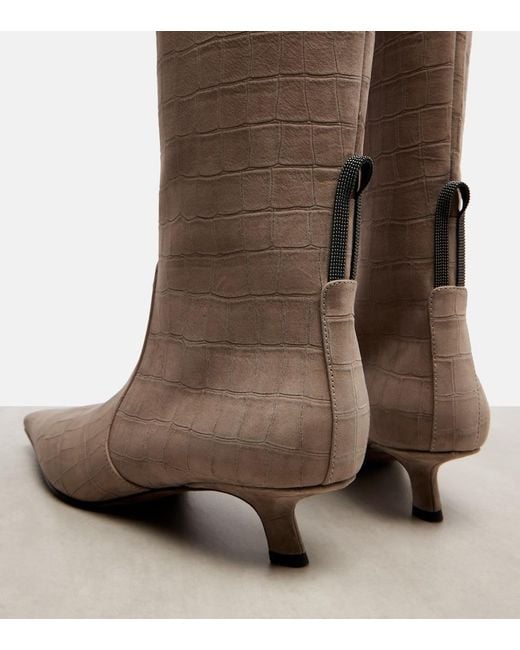 Brunello Cucinelli Brown Monili Croc-Effect Suede Knee-High Boots