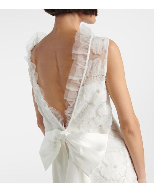 Self-Portrait White Bridal Bow-Detail Beaded Satin Minidress
