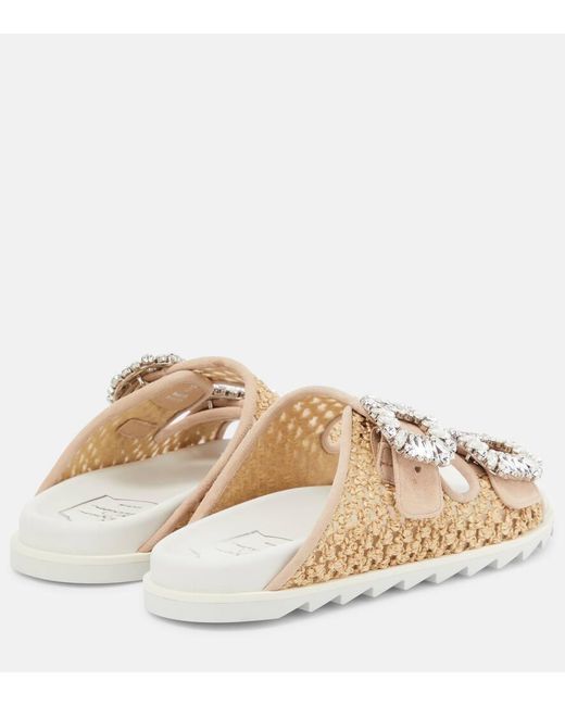 Roger Vivier Natural Flat With Raffia And Crystal Buckles For