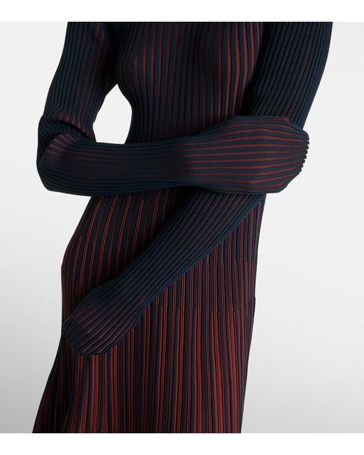 Tod's Blue Striped Pleated Ribbed-Knit Midi Dress