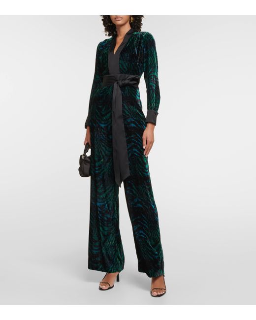 Diane von Furstenberg Blue Vegas Tiger-print Velvet Jumpsuit