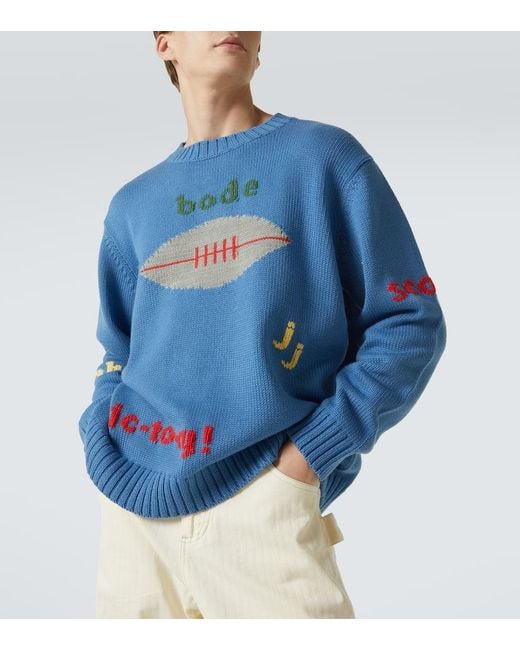Bode Blue Spirit Embroidered Cotton And Wool Sweater for men