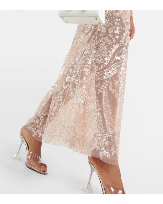 Self-Portrait Natural Embellished Flared Maxi Skirt