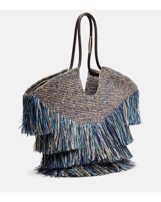 Zimmermann Blue Goldentime Medium Fringed Raffia Tote Bag