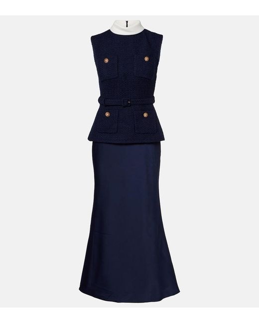 Vestido Midi De Punto Boucle Y Saten Self-Portrait de color Blue