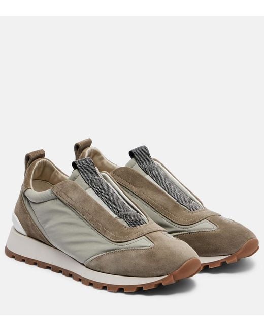 Brunello Cucinelli Gray Monili Suede-Trimmed Sneakers